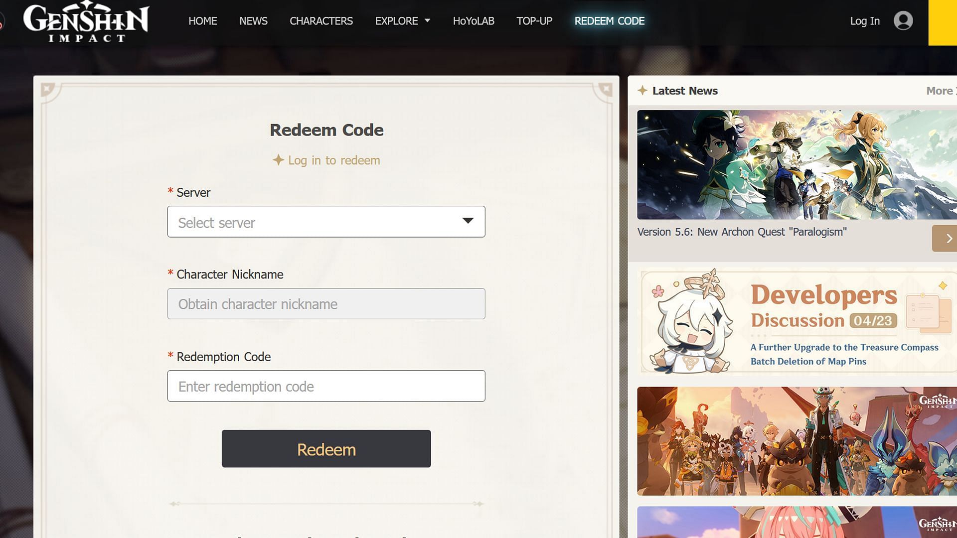 Codes can exchanged on the official website (Image via HoYoverse)
